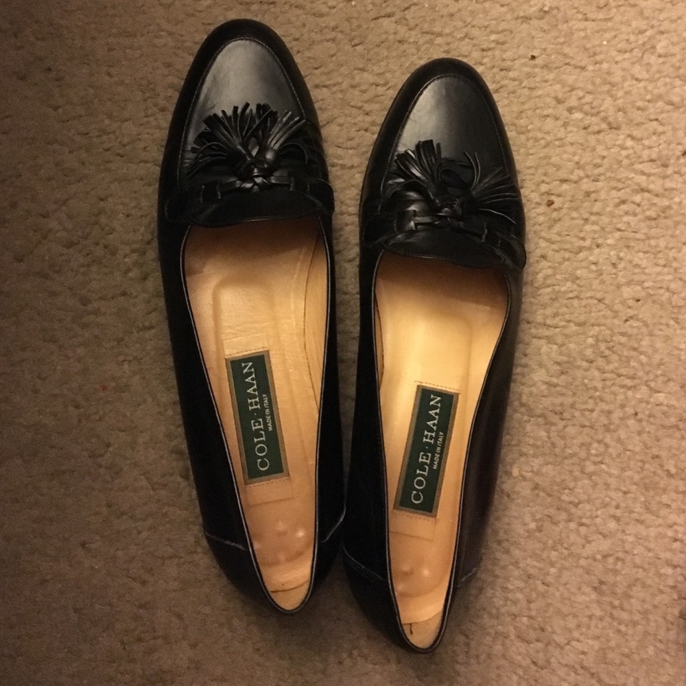Cole Haan Black Leather Tassel Flats